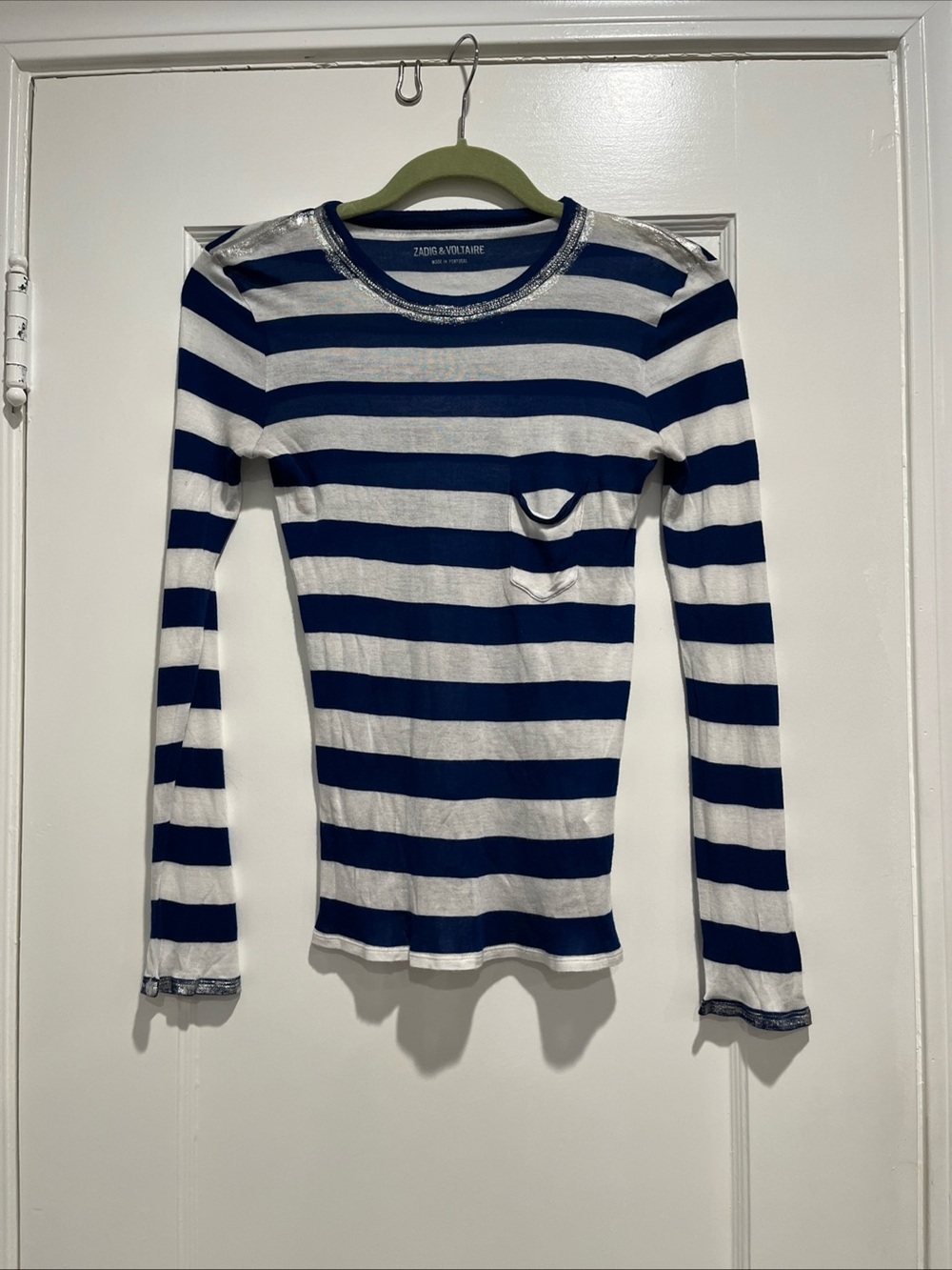 Zadig & Voltaire Long Sleeve Women’s Size XS Navy/White Stripe. Silver Accents